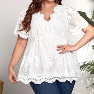 Boho white embroidered mesh insert V neck blouse